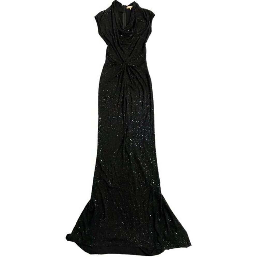 Michael Kors Black Sequin Mermaid Gown Evening Dress Front Twist SZ 4 New